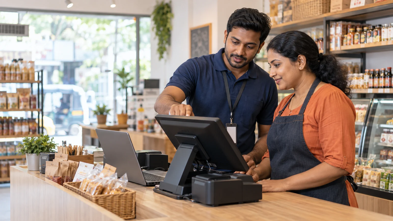 BillBook support specialist guiding a shop owner through a POS setup