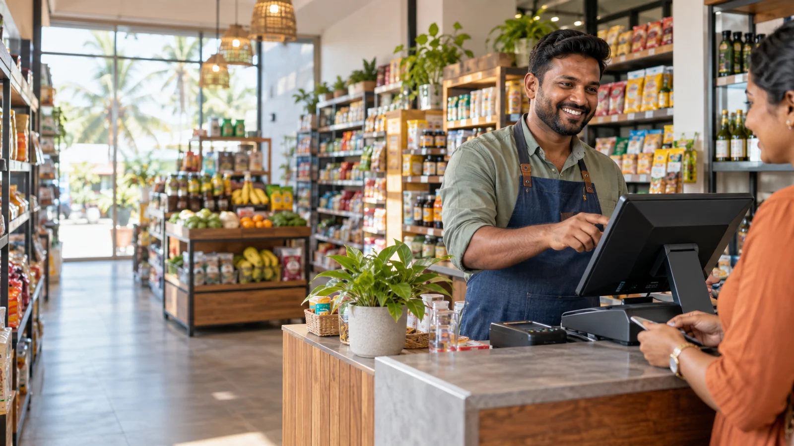 Sri Lankan shop owner serving a customer with a touch-screen POS system