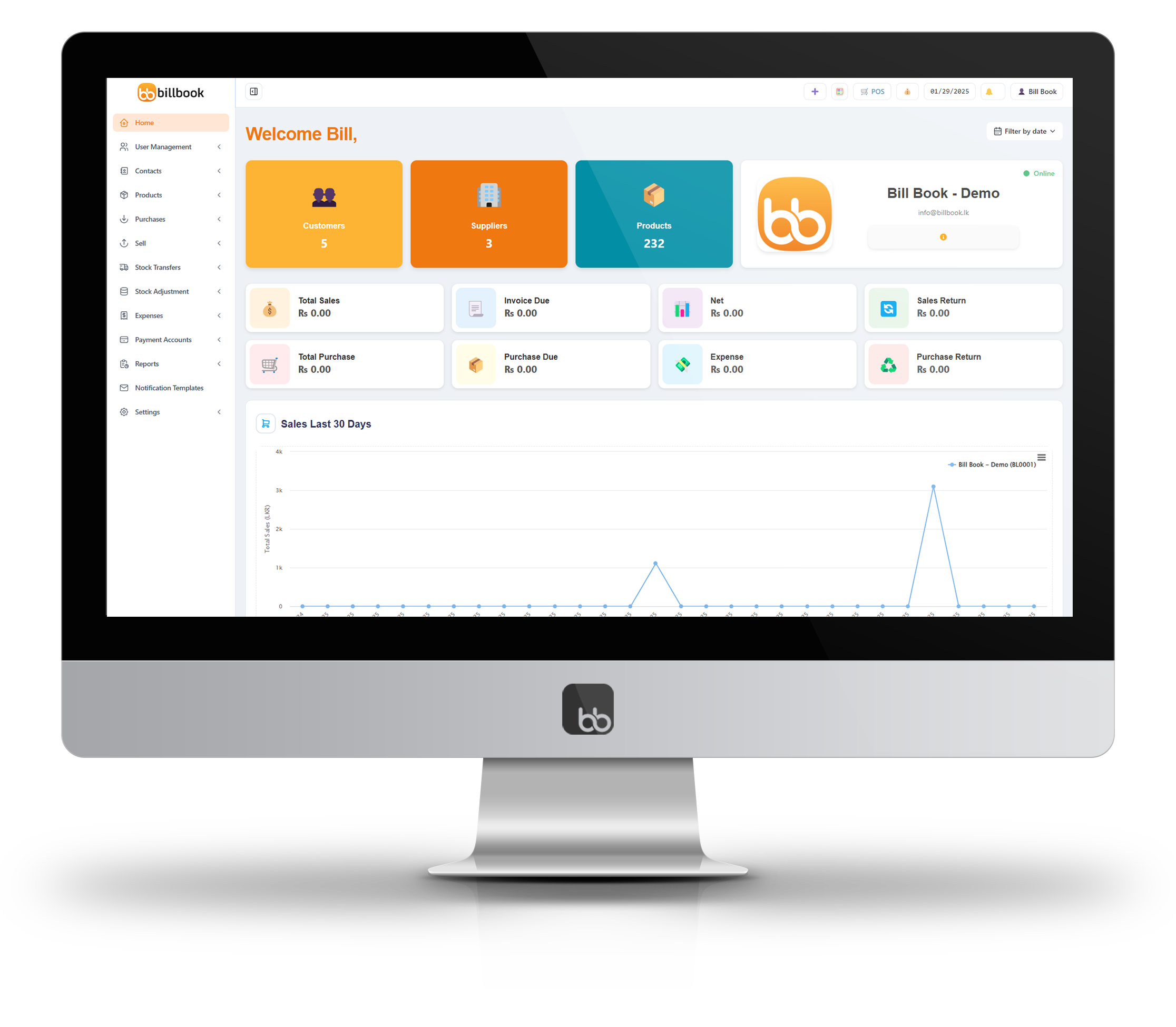 BillBook dashboard with sales, customer, supplier, product, and reporting summaries