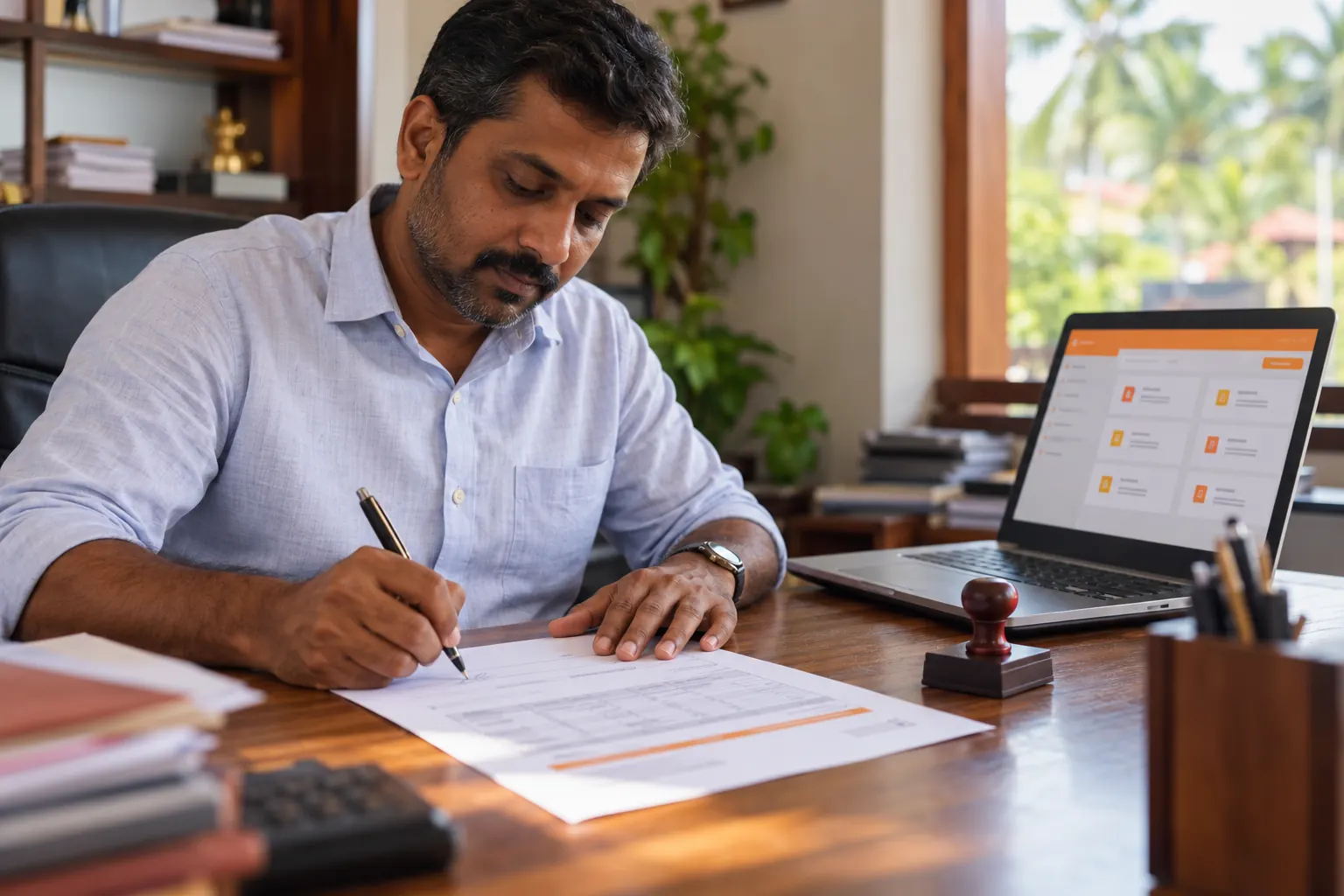A business owner signs a printed tax invoice at a desk with a stamp and a laptop