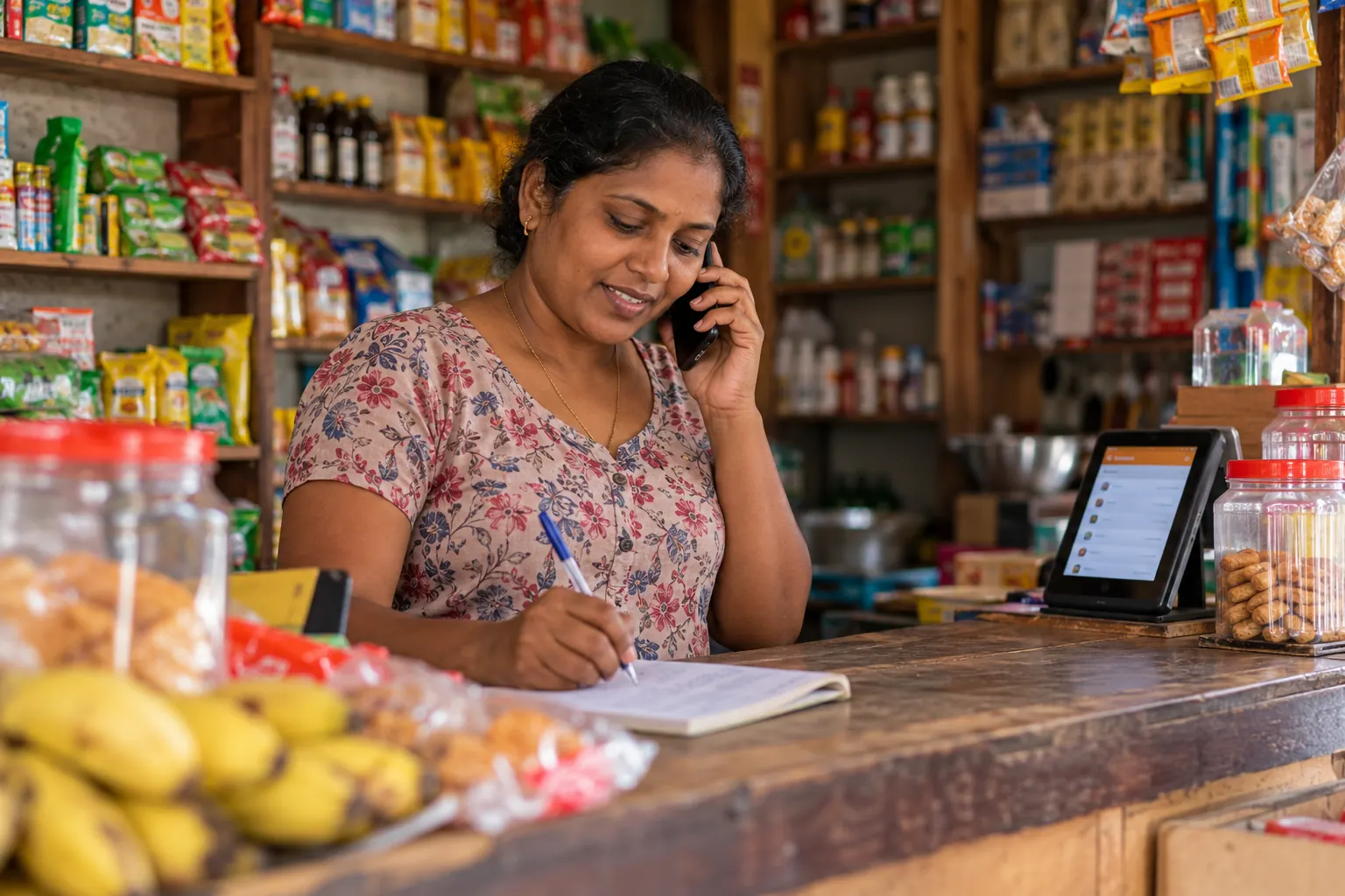 A shopkeeper takes a customer’s order over the phone at her counter