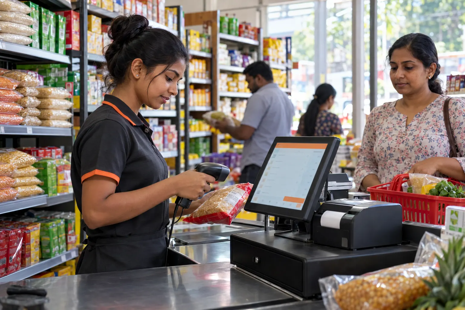A cashier scans a packet at a supermarket checkout with a touchscreen POS and receipt printer