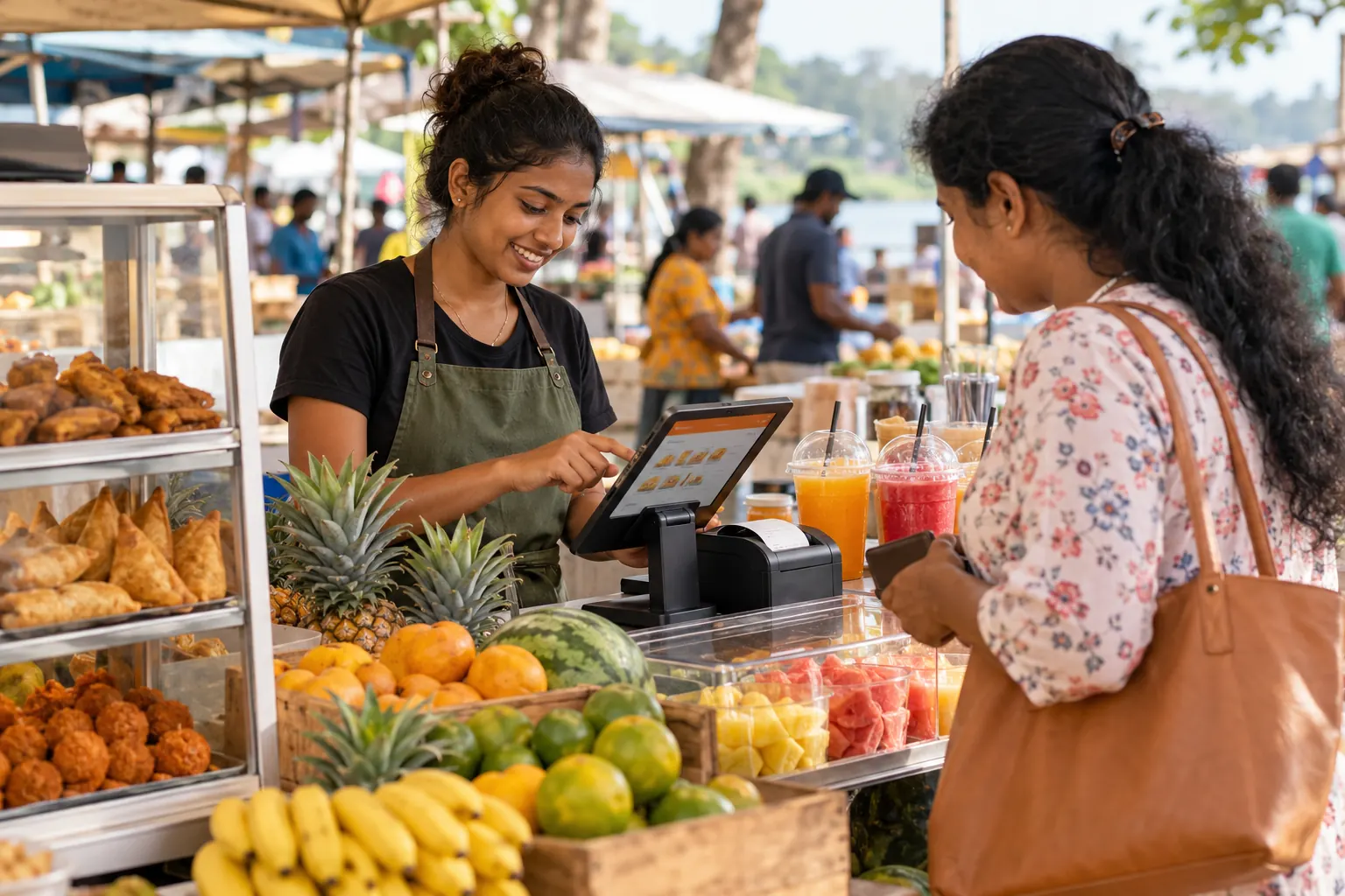 A market stall owner bills a customer on a tablet with a small receipt printer