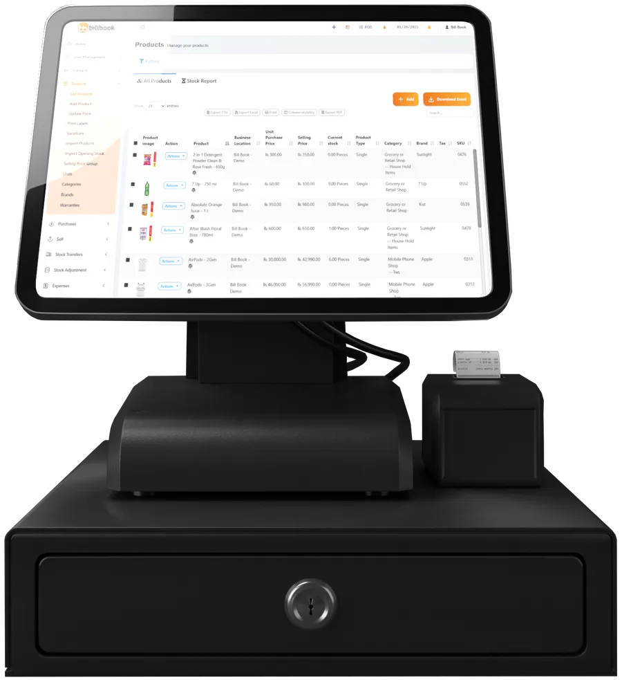 BillBook product and inventory management running on a complete POS setup